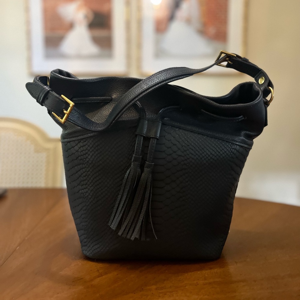 Gigi New York Cassie Bucket Bag - Brand New With Tags, navy embossed leather